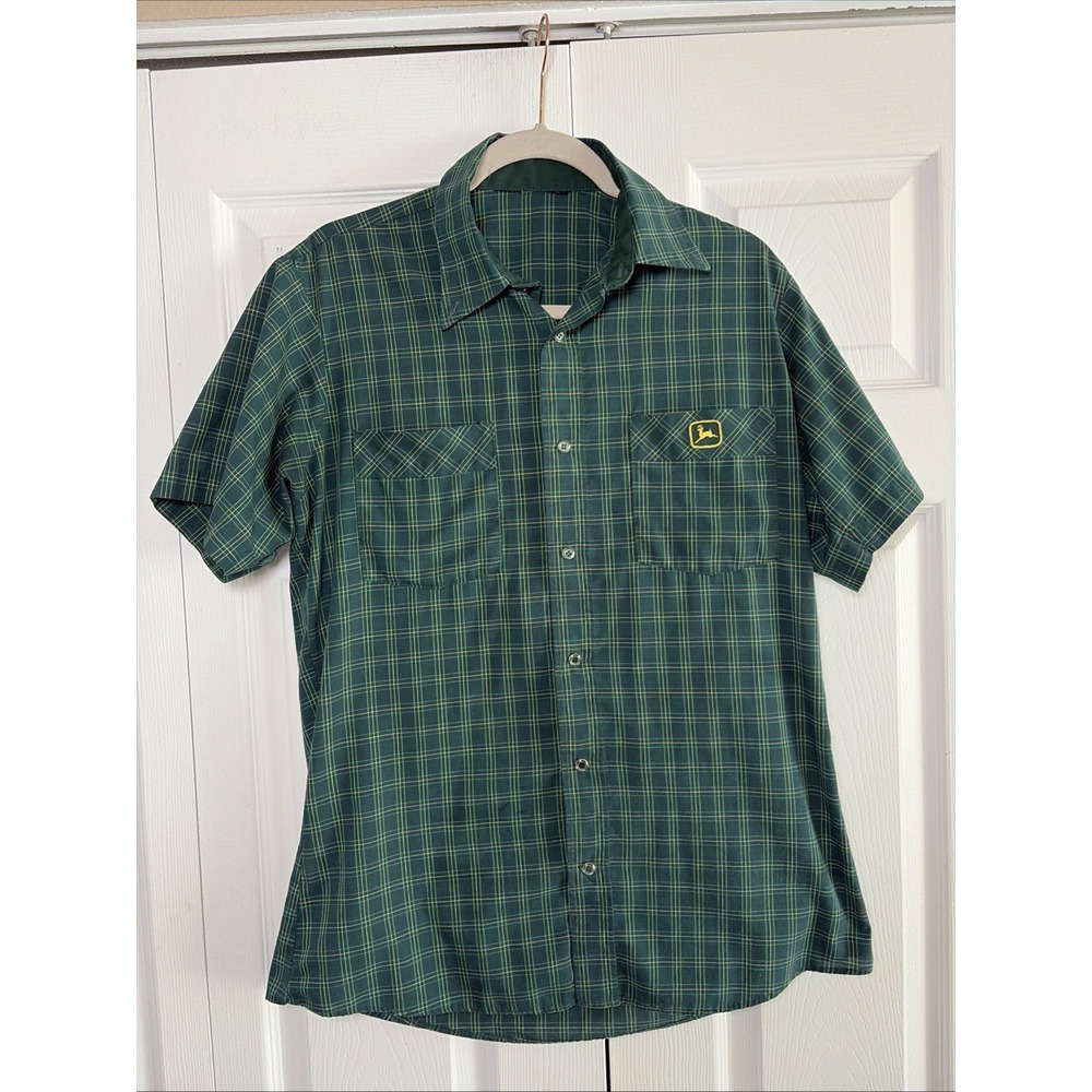 John Deere Plaid Workwear Shirt Mens Size L Green Short Sleeve Button Down Logo